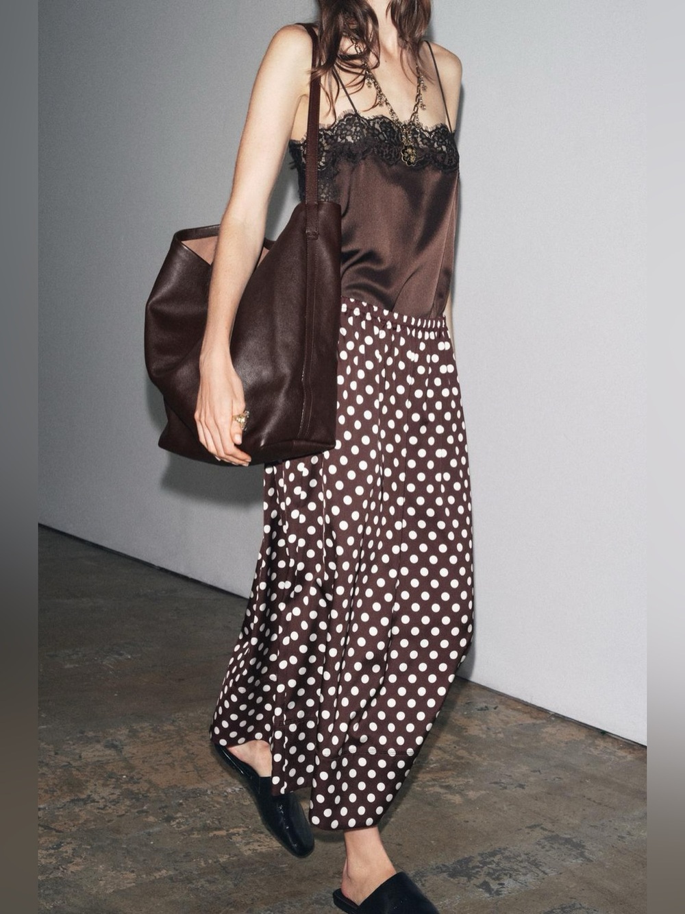 ZARA Polka Dot Satin Pull-on Midi Skirt in Burgundy / Brown, elastic waist.
